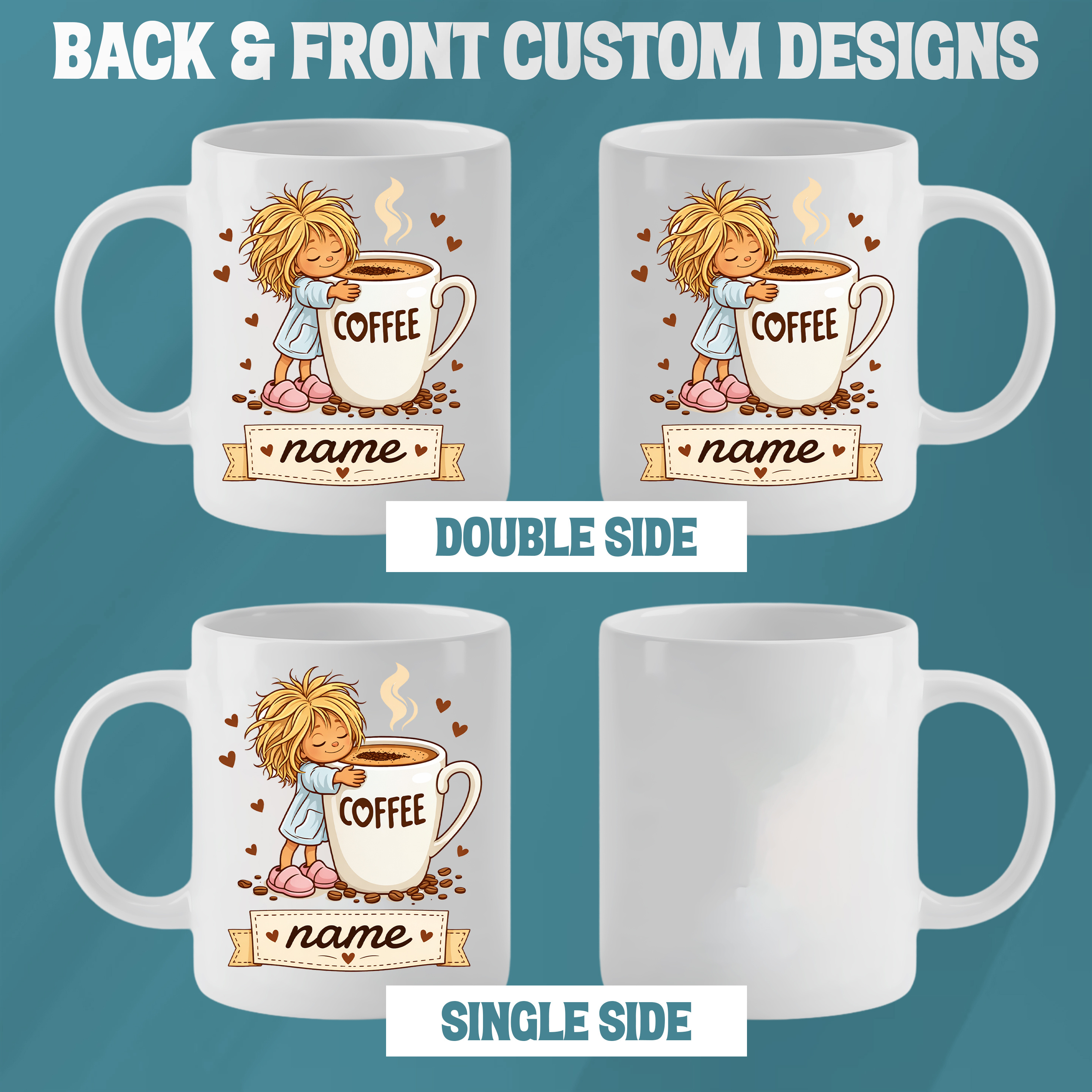 Personalised Cute Girl Hugging Coffee Cup